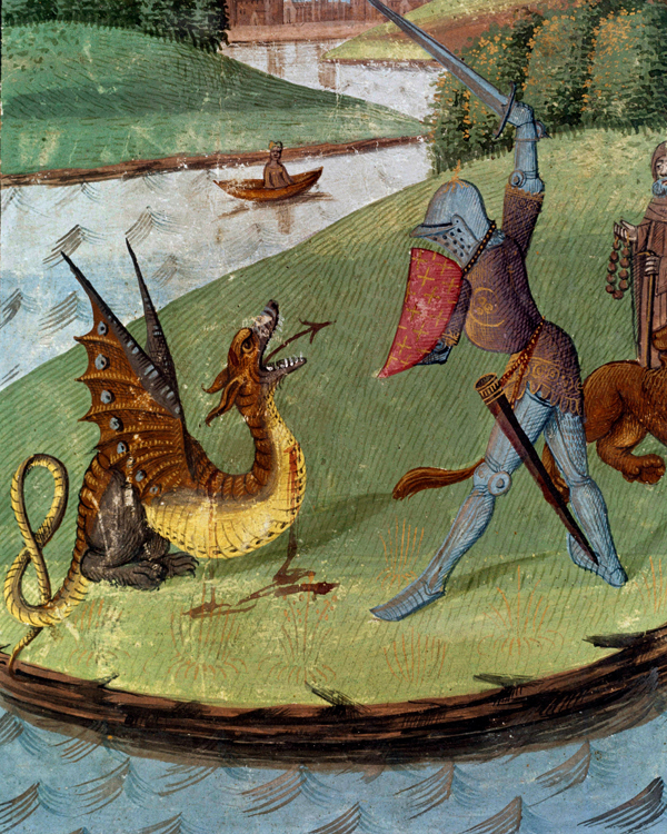 Lancillotto combatte contro il drago, miniatura tratta da Il romanzo di Lancillotto del Lago (1344). Parigi, Biblioteca Nazionale